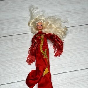 Vintage Mattel Barbie Doll Red Dragon Satin Gown Fringe Sleeves 1966 Malaysia